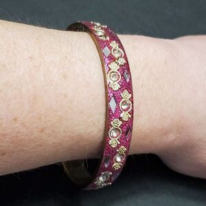 Gold tone pink glittery bangle bracelet 8"